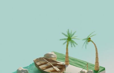 卡通风格岛屿+木船+海滩模型