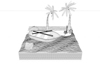 卡通风格岛屿+木船+海滩模型