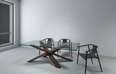 桌椅,玻璃面板餐桌,茶几3D模型