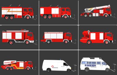 干粉消防车,环境监测车,涡喷消防车,强风车灯油田抢险救护车组合模型