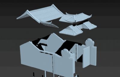 中式祠堂建筑3D模型,未合并可做动画素材
