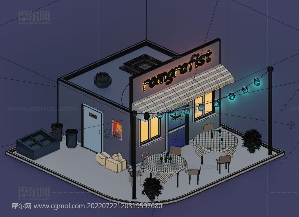 卡通咖啡馆,餐厅夜景blender模型