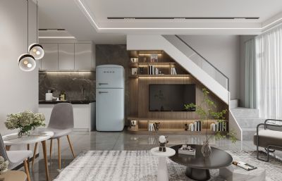 现代loft公寓,单身公寓室内场景3D模型,corona渲染器渲染(网盘下载)