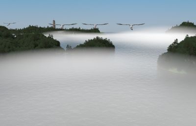 湿地山水场景,仙鹤飞翔动画3D模型(网盘下载)