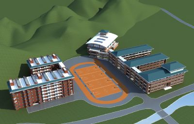坡顶学校,宿舍,食堂组合3D场景