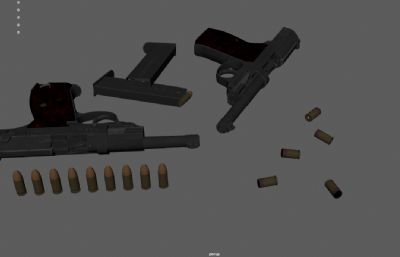 沃尔特手枪,瓦尔特P38手枪外观道具3Dmaya模型,塌陷文件