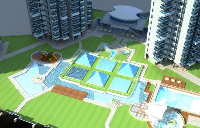屋顶花园小区住宅+张拉膜+游乐设施等配套设施完整场景3D模型