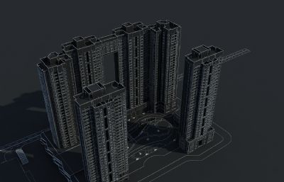 现代住宅+商业楼+下沉广场,高层连廊3D模型