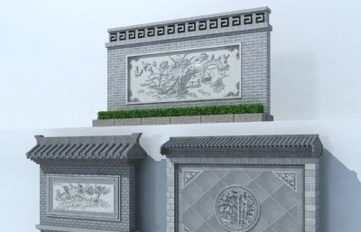 3个中式影壁墙,景墙小品3D模型