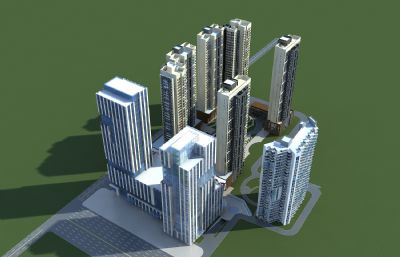 现代高层住宅小区+商业广场综合体3D模型