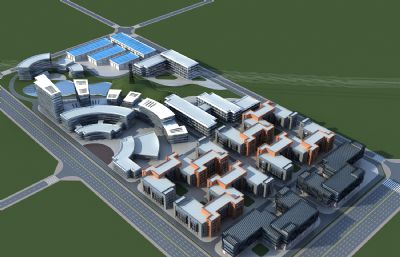 厂区办公楼,物流中心鸟瞰3D模型