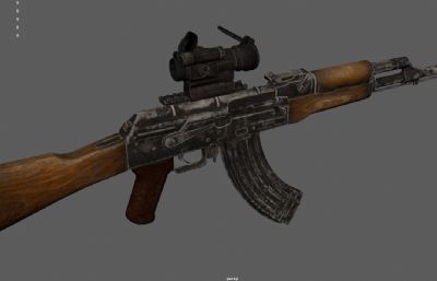 akm突击步枪,AKM自动狙击步枪游戏道具低模3dmaya模型
