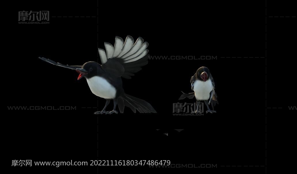两只小鸟飞到古建围栏栏杆上动画场景3D模型