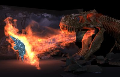 恐龙撞墙喷火舞台美术 人类大战恐龙特效3D模型