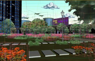 漫画风格室外商业街 高层小区 地铁站 三维渲染二维场景3D模型