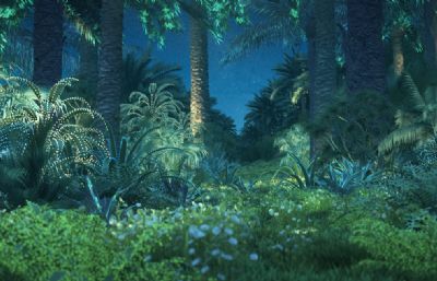 萤火虫飞舞 发光植物 原始森林夜景3D模型