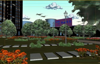 漫画风格室外商业街 高层小区 地铁站 三维渲染二维场景3D模型
