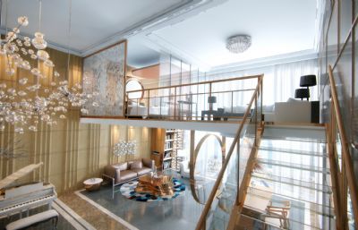 现代复式别墅跃层客厅装修装饰3D模型