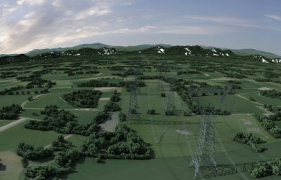 乡村田野高压电线塔 电线杆 输电设备场景3D模型
