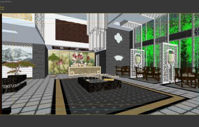 新中式商业大堂前台 中式酒店大堂接待处3D模型