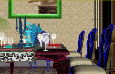 鲜花蜡烛复古餐厅 红酒 酒杯 烛光晚餐约会3D模型