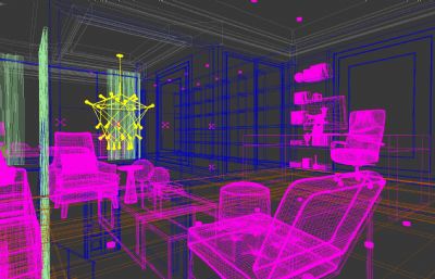 现代客厅陈设 办公区域 室内书房生长动画3D模型