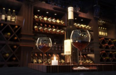 红酒酒柜 红酒收藏 酒窖红酒酒杯特写3D模型