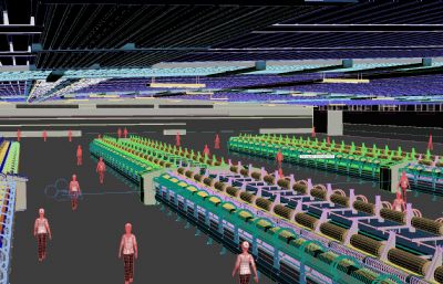 工厂生产车间内部 工人行走 车间流水线场景3D模型