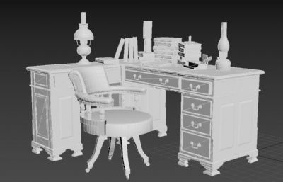 复古欧式书桌 椅子 煤油灯FBX模型