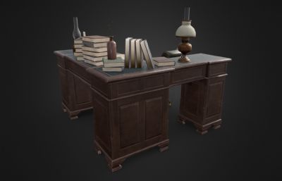 复古欧式书桌 椅子 煤油灯FBX模型