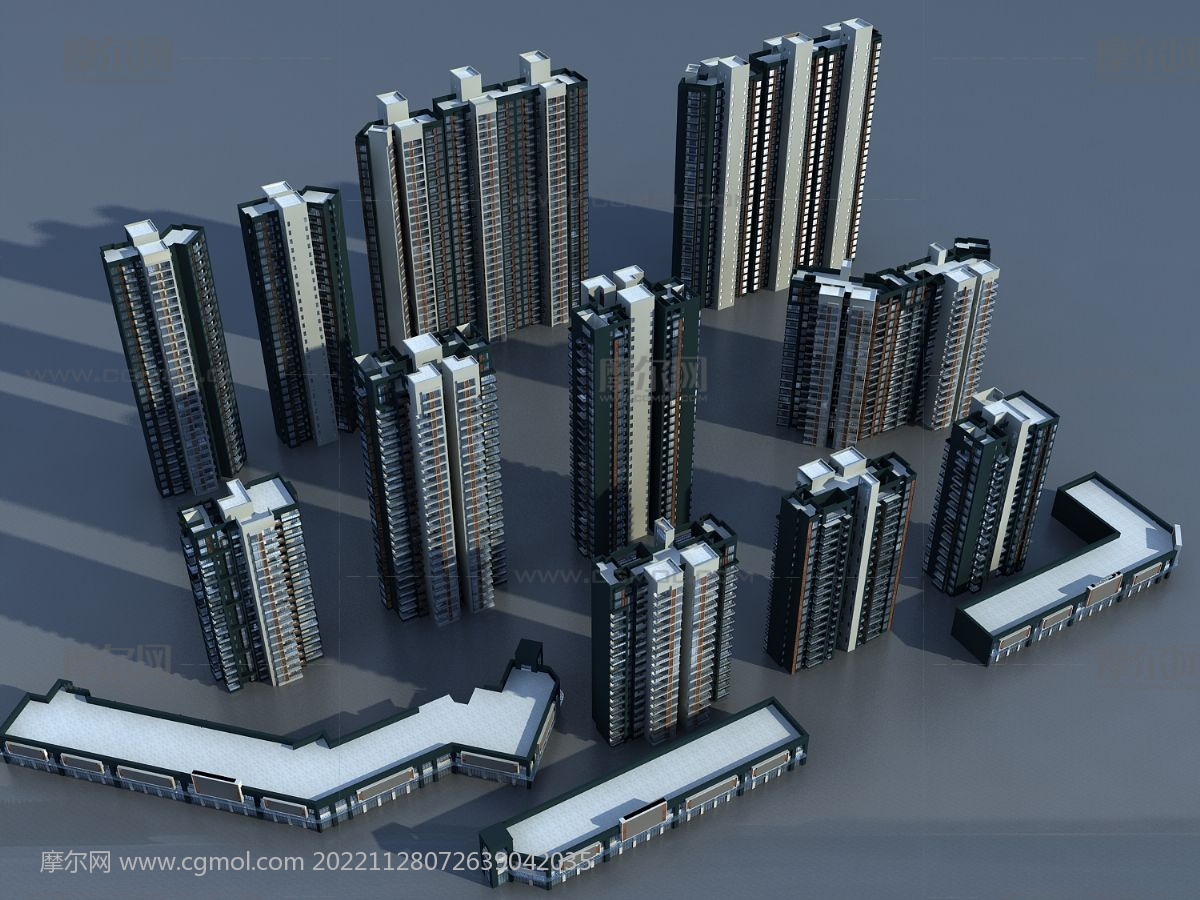 现代商业住宅 高层小区 商住一体3D模型