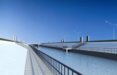 水渠改造 生态道路 桥梁,路灯场景3D模型