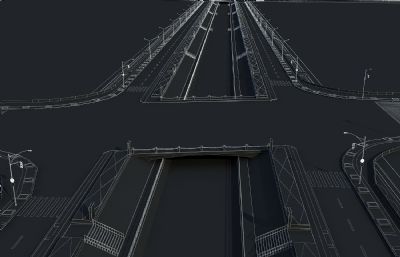 水渠改造 生态道路 桥梁,路灯场景3D模型