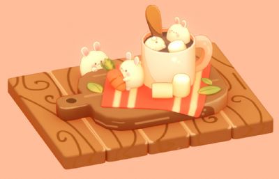 超可爱萌的巧克力兔子糕点饮品组合FBX模型,三渲二