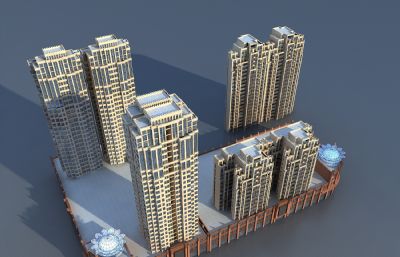 欧式住宅,欧式商业高层小区+商场组合3D模型