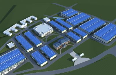 工业园区办公楼,厂房组合设计鸟瞰3D模型