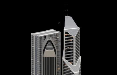 飞机飞过城市上空,仰视建筑场景3D模型