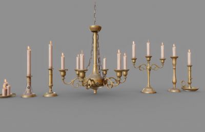 多种款式的铜烛台,蜡烛FBX模型