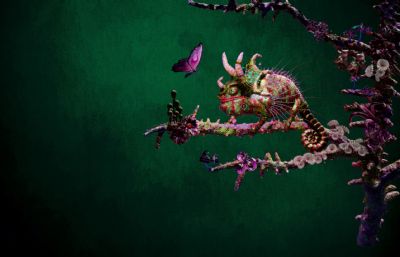 幻彩世界里的变色龙,蝴蝶,树木场景3D模型