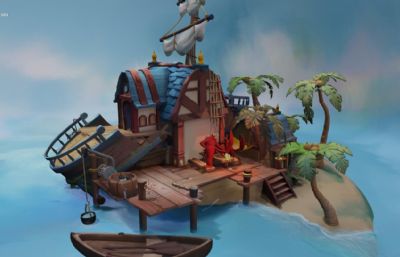 Q版梦幻小岛木屋,海盗船造型房子OBJ模型