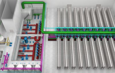 按施工图绘制水厂3D模型,内部管线及设备完整