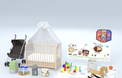 推车,婴儿床等母婴用品,儿童玩具等组合3D模型,贴图需要手动调整
