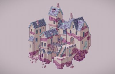 二次元幻想城堡,城镇房子blender模型