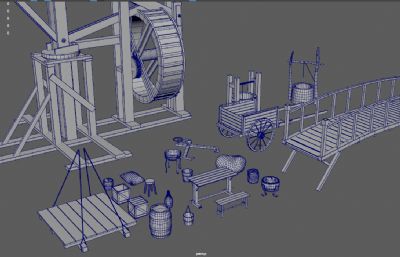 吊装机,木桥,板凳,木桶,水井等中世纪道具3D模型