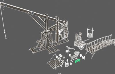 吊装机,木桥,板凳,木桶,水井等中世纪道具3D模型