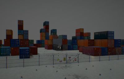 海运集装箱港口,铁丝围栏集装箱码头,物流港工业场景3dmaya模型