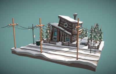 低面雪景下的小洋楼blender模型,多种格式,内置贴图