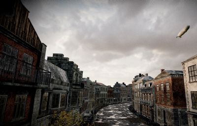 雨后废弃小镇,凄凉街道场景3D模型