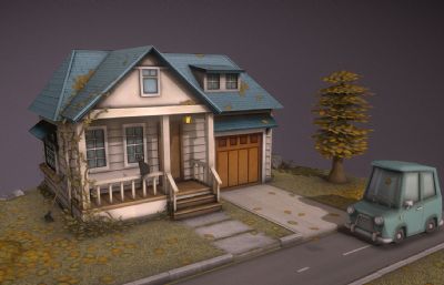 秋天的房子+汽车,卡通风格场景FBX模型
