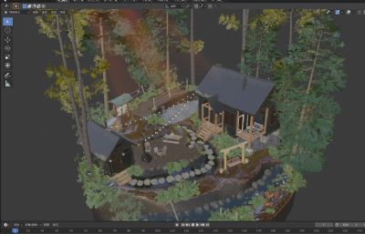 森林庭院小木屋,民宿3D模型
